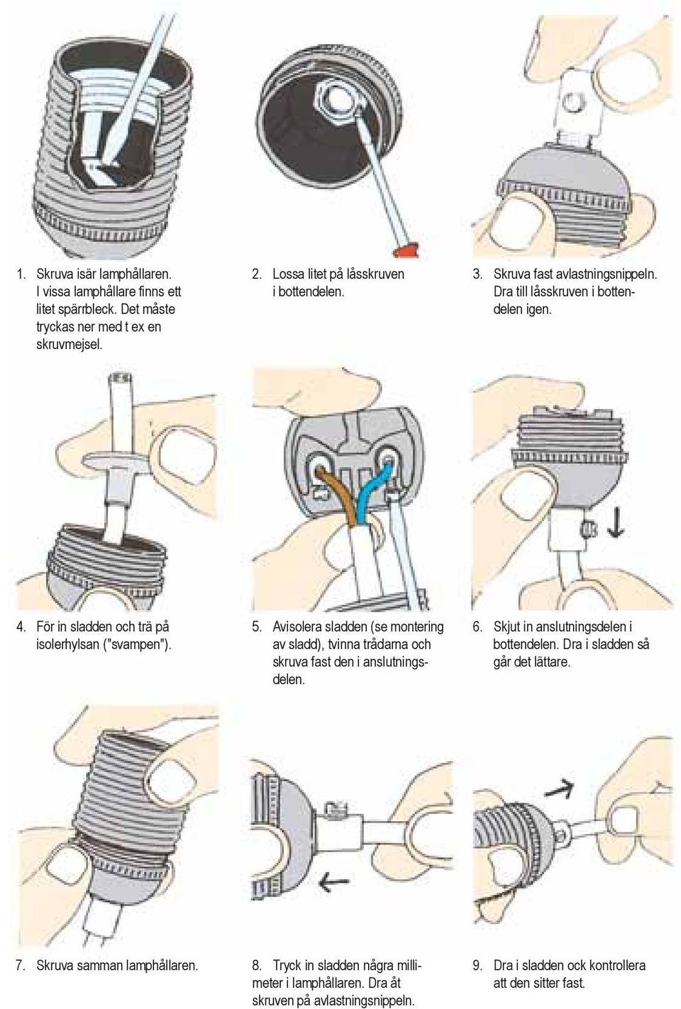 För in sladden och trä på isolerhylsan ("svampen"). 5. Avisolera sladden (se montering av sladd), tvinna trådarna och skruva fast den i anslutningsdelen. 6.