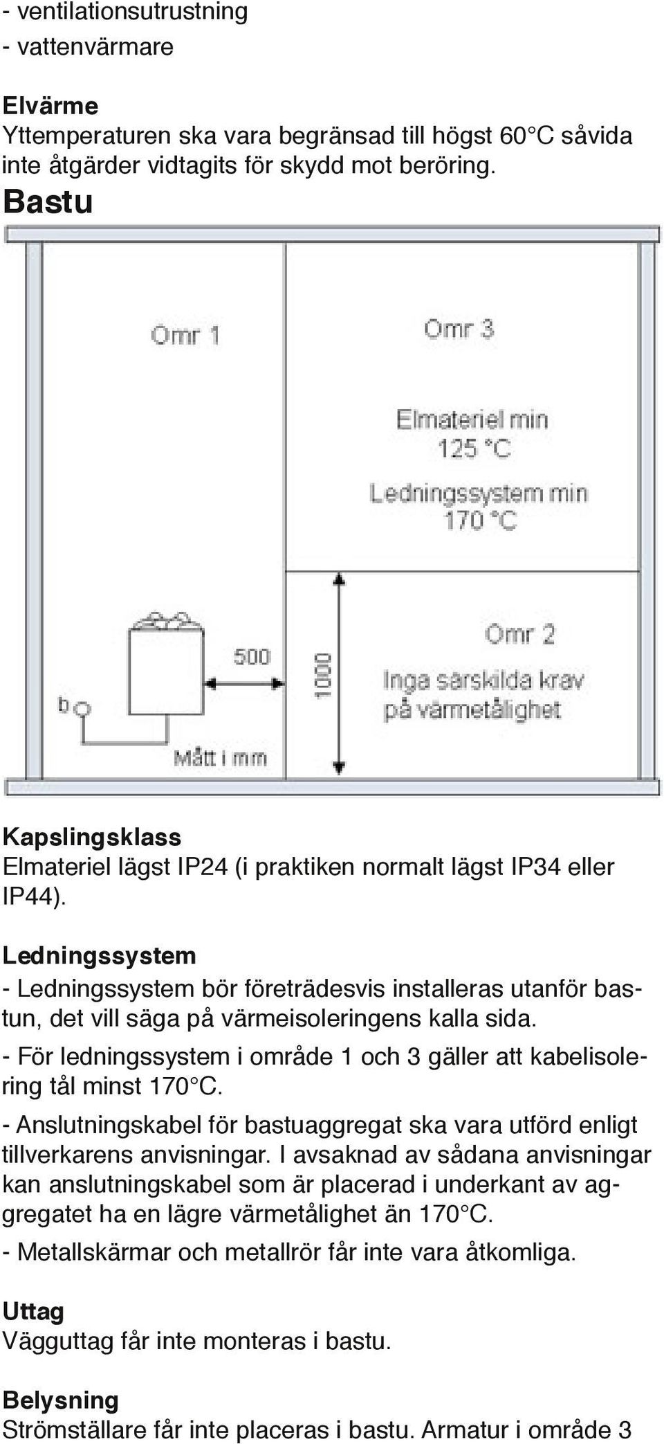 Ledningssystem - Ledningssystem bör företrädesvis installeras utanför bastun, det vill säga på värmeisoleringens kalla sida.