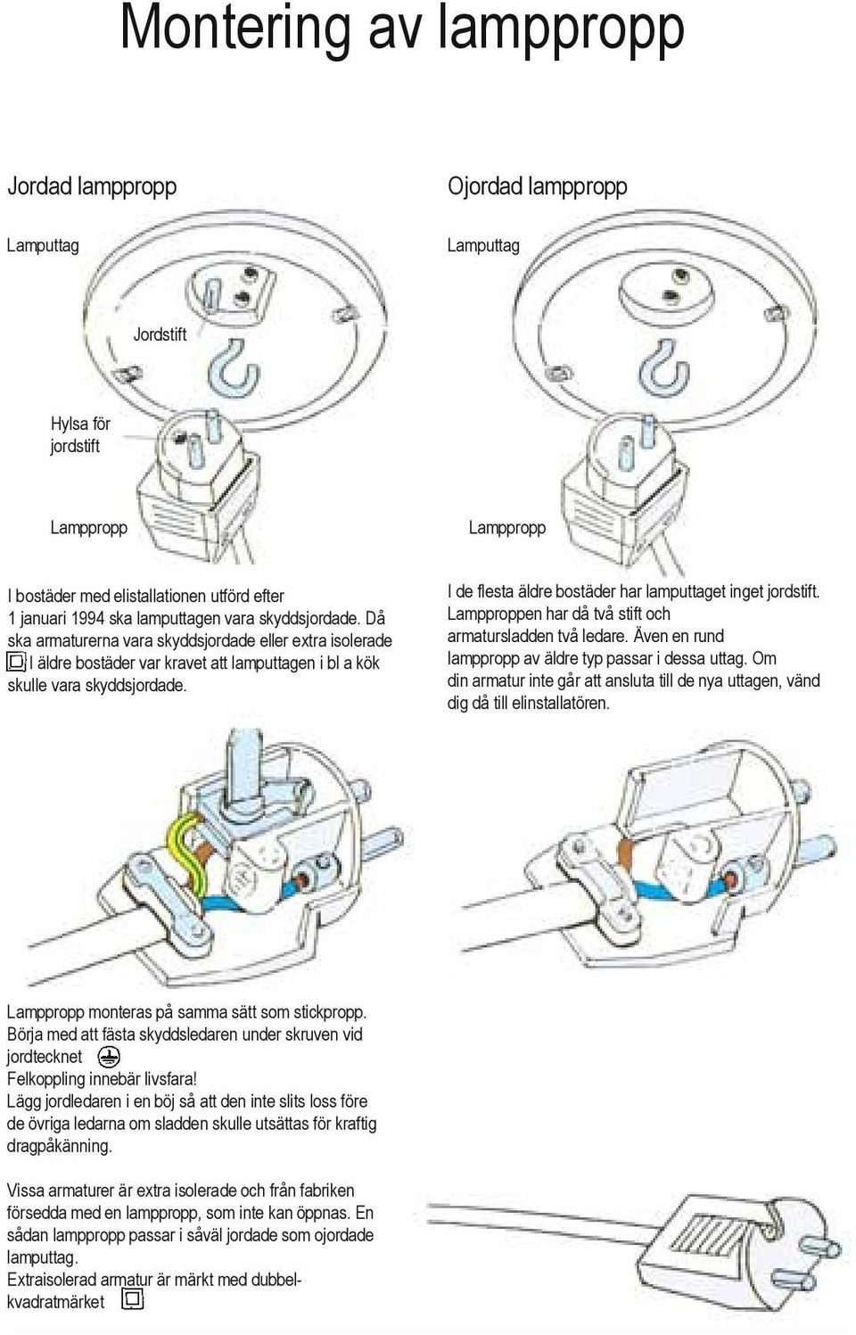 I de flesta äldre bostäder har lamputtaget inget jordstift. Lampproppen har då två stift och armatursladden två ledare. Även en rund lamppropp av äldre typ passar i dessa uttag.