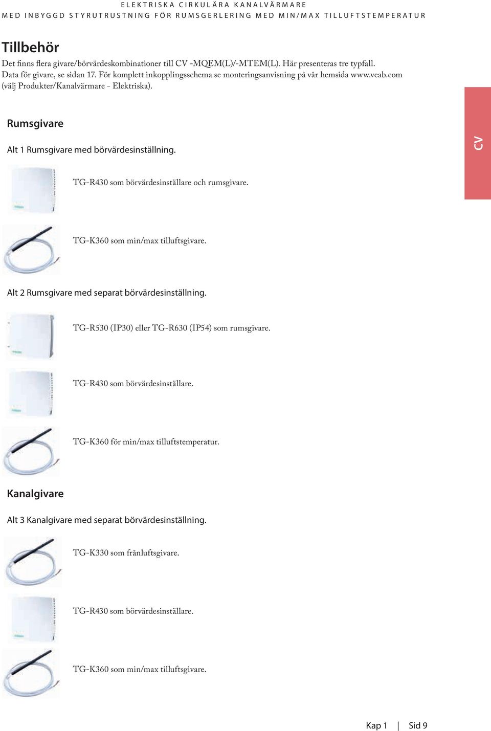 Rumsgivare Alt 1 Rumsgivare med börvärdesinställning. TG-R430 som börvärdesinställare och rumsgivare. TG-K360 som min/max tilluftsgivare. Alt 2 Rumsgivare med separat börvärdesinställning.