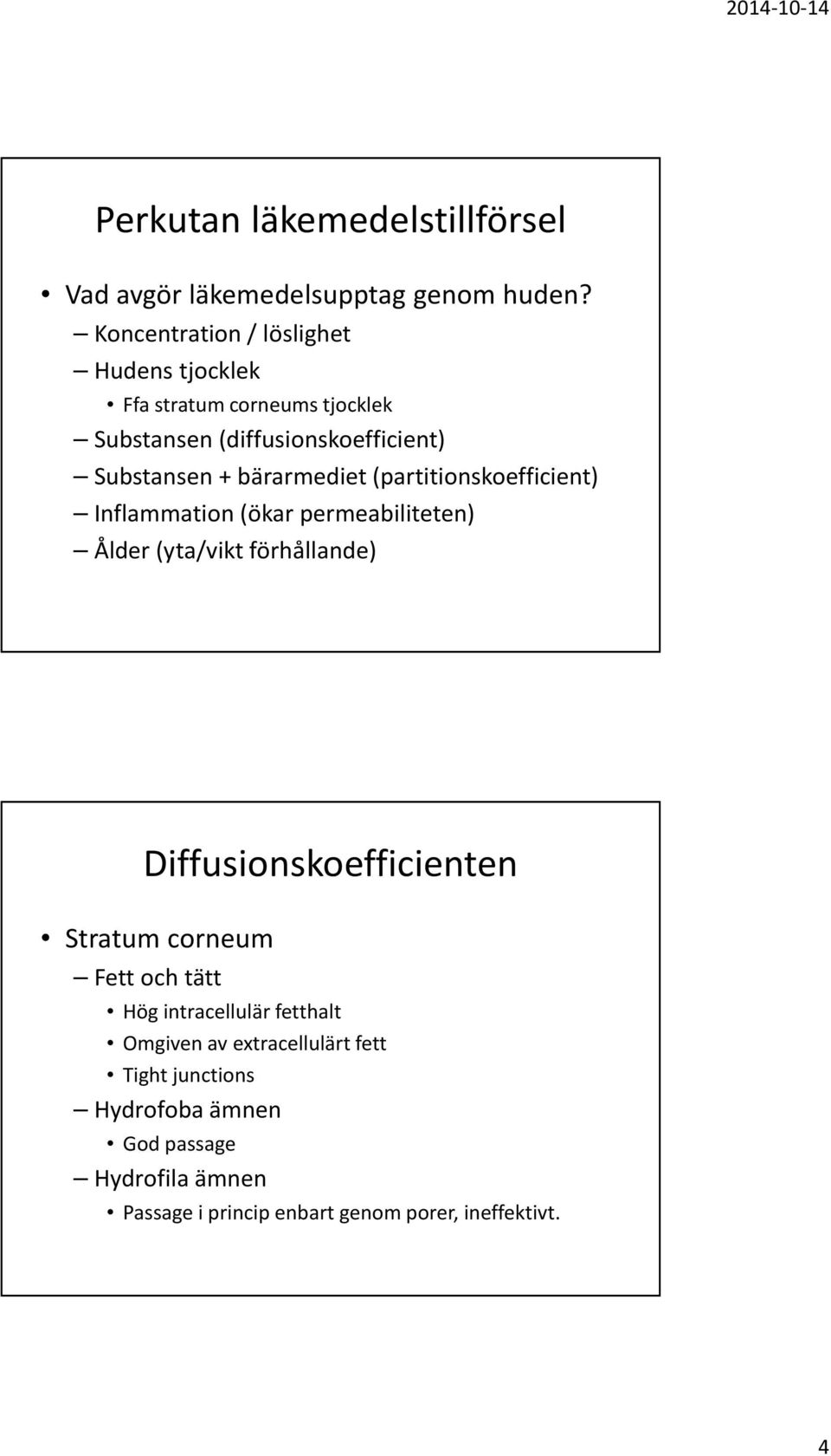 bärarmediet (partitionskoefficient) Inflammation (ökar permeabiliteten) Ålder (yta/vikt förhållande) Diffusionskoefficienten