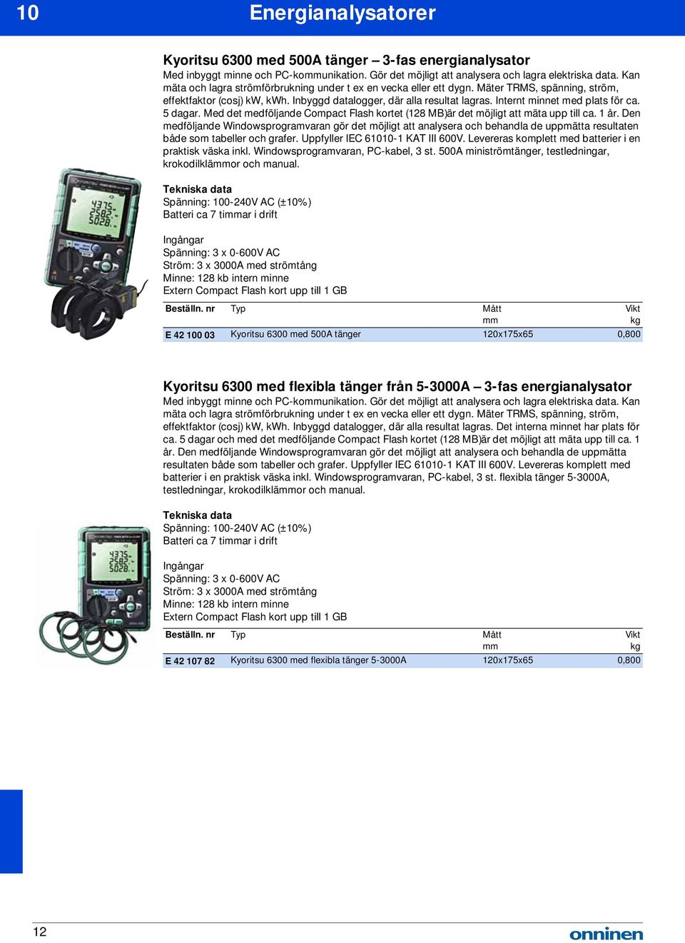 Internt minnet med plats för ca. 5 dagar. Med det medföljande Compact Flash kortet (128 MB)är det möjligt att mäta upp till ca. 1 år.