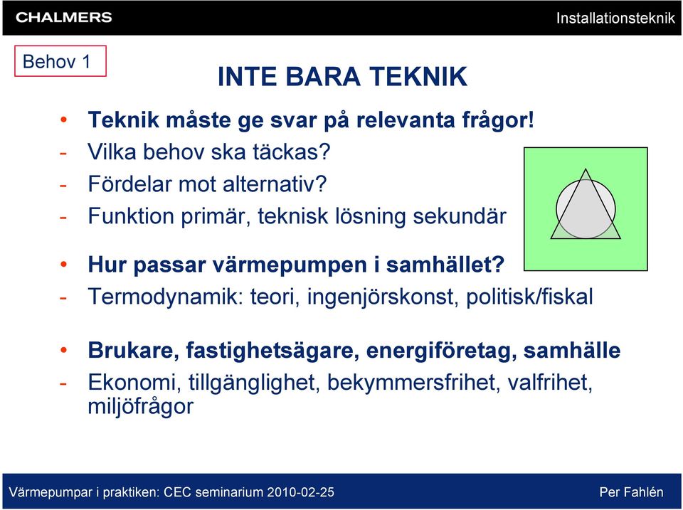 - Funktion primär, teknisk lösning sekundär Hur passar värmepumpen i samhället?