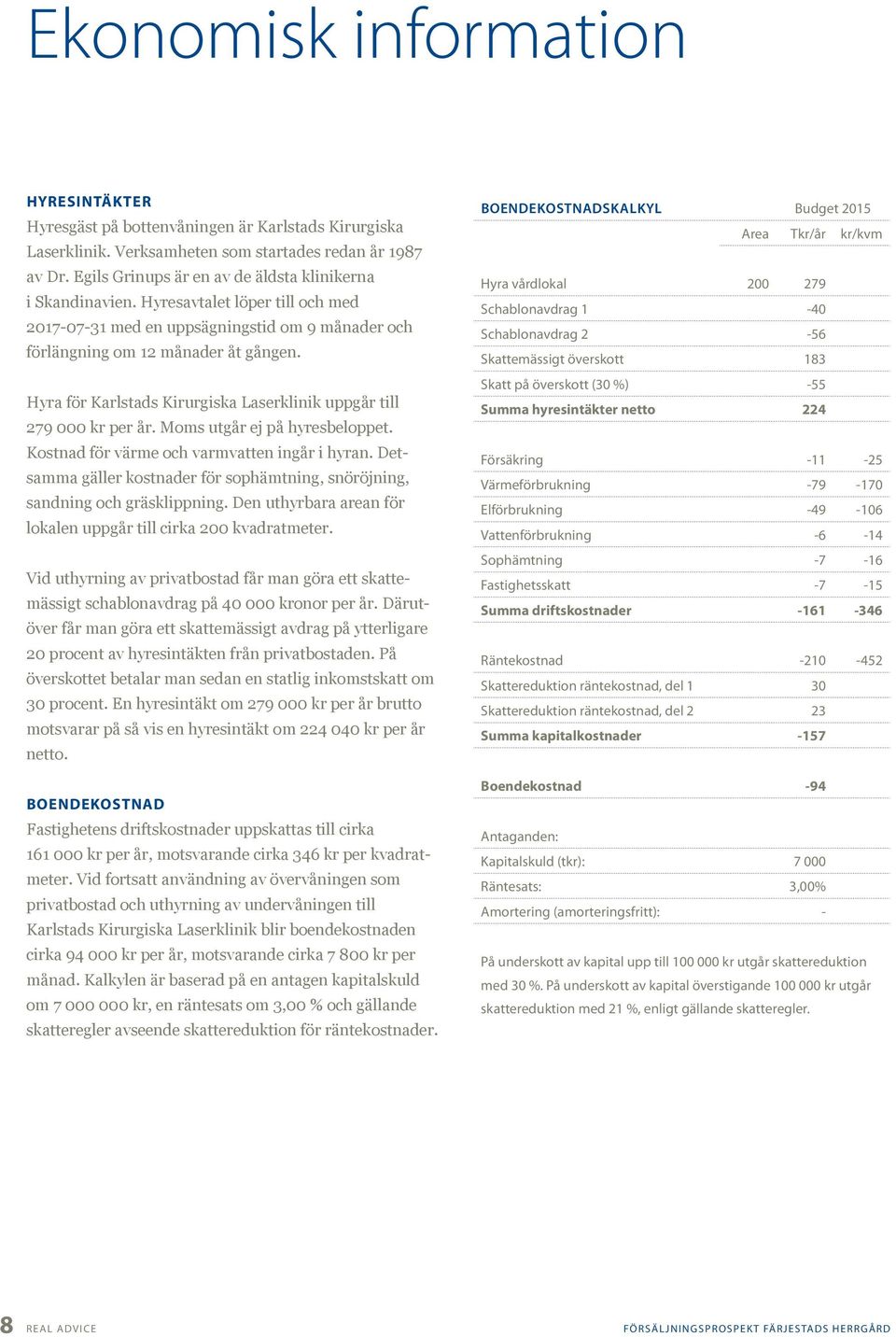 Hyra för Karlstads Kirurgiska Laserklinik uppgår till 279 000 kr per år. Moms utgår ej på hyresbeloppet. Kostnad för värme och varmvatten ingår i hyran.