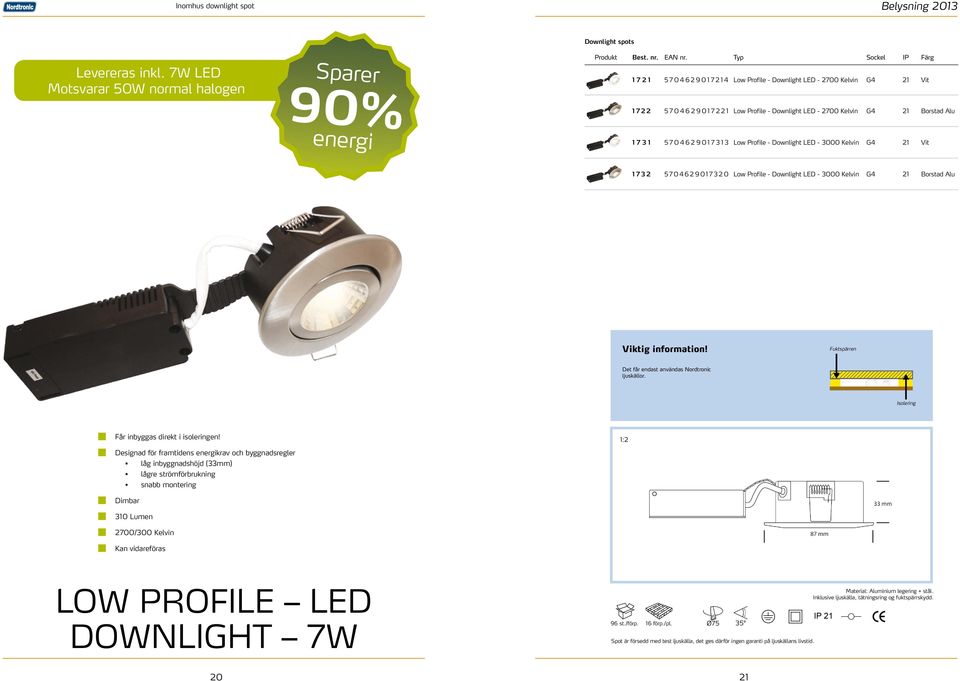 1731 5704629017313 Low Profile - Downlight LED - 3000 Kelvin G4 21 Vit 1732 5704 62 9 0 1 73 2 0 Low Profile - Downlight LED - 3000 Kelvin G4 21 Borstad Alu Viktig information!