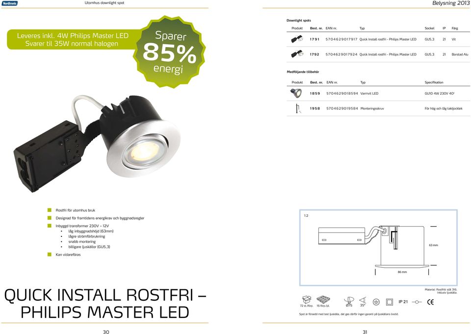 Philips Master LED GU5,3 21 Borstad Alu Medföljande tillbehör Produkt Best. nr. EAN nr.