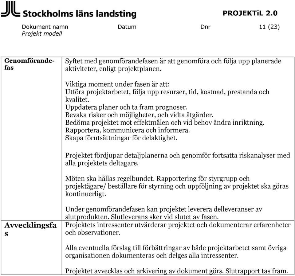 Bevaka risker och möjligheter, och vidta åtgärder. Bedöma projektet mot effektmålen och vid behov ändra inriktning. Rapportera, kommunicera och informera. Skapa utsättningar delaktighet.