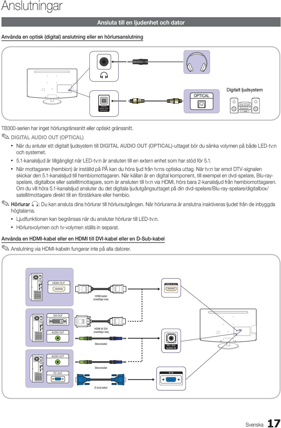 DIGITAL AUDIO OUT (OPTICAL) x När du anluter ett digitalt ljudsystem till DIGITAL AUDIO OUT (OPTICAL)-uttaget bör du sänka volymen på både LED-tv:n och systemet. x5.