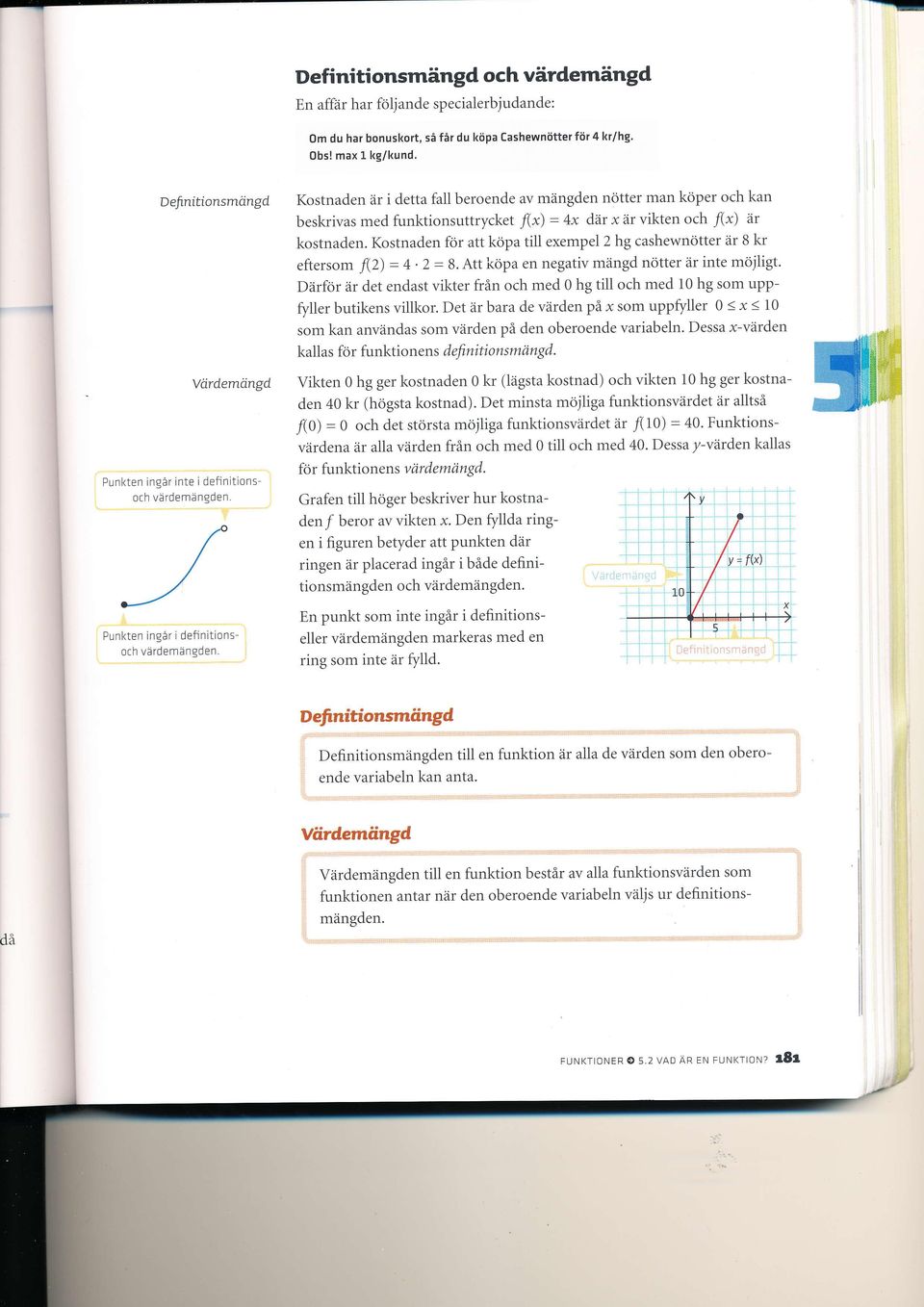 Kostnaden är i detta fall beroende av mängden nötter man köper och kan beskrivas med funktionsuttrycket f(x) = +x där x är vikten och flx) är kostnaden.