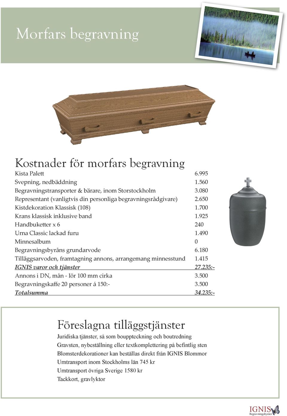 annons, arrangemang minnesstund varor och tjänster Annons i DN, mån - lör 100 mm cirka Begravningskaffe 20 personer á 150:- Totalsumma 6.995 1.560 3.080 2.650 1.700 1.925 240 1.490 0 6.180 1.415 27.