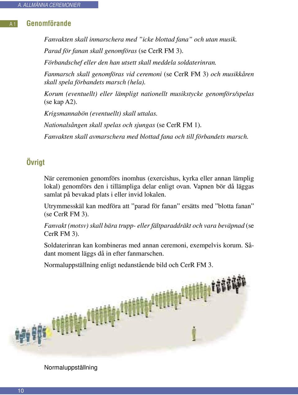 Krigsmannabön (eventuellt) skall uttalas. Nationalsången skall spelas och sjungas (se CerR FM 1). Fanvakten skall avmarschera med blottad fana och till förbandets marsch.