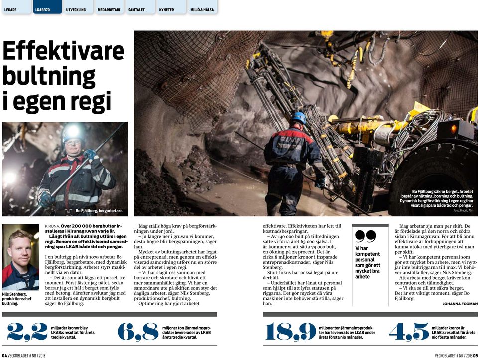 Över 200 000 bergbultar installeras i Kirunagruvan varje år. Långt ifrån all bultning utförs i egen regi. Genom en effektiviserad samordning spar LKAB både tid och pengar.