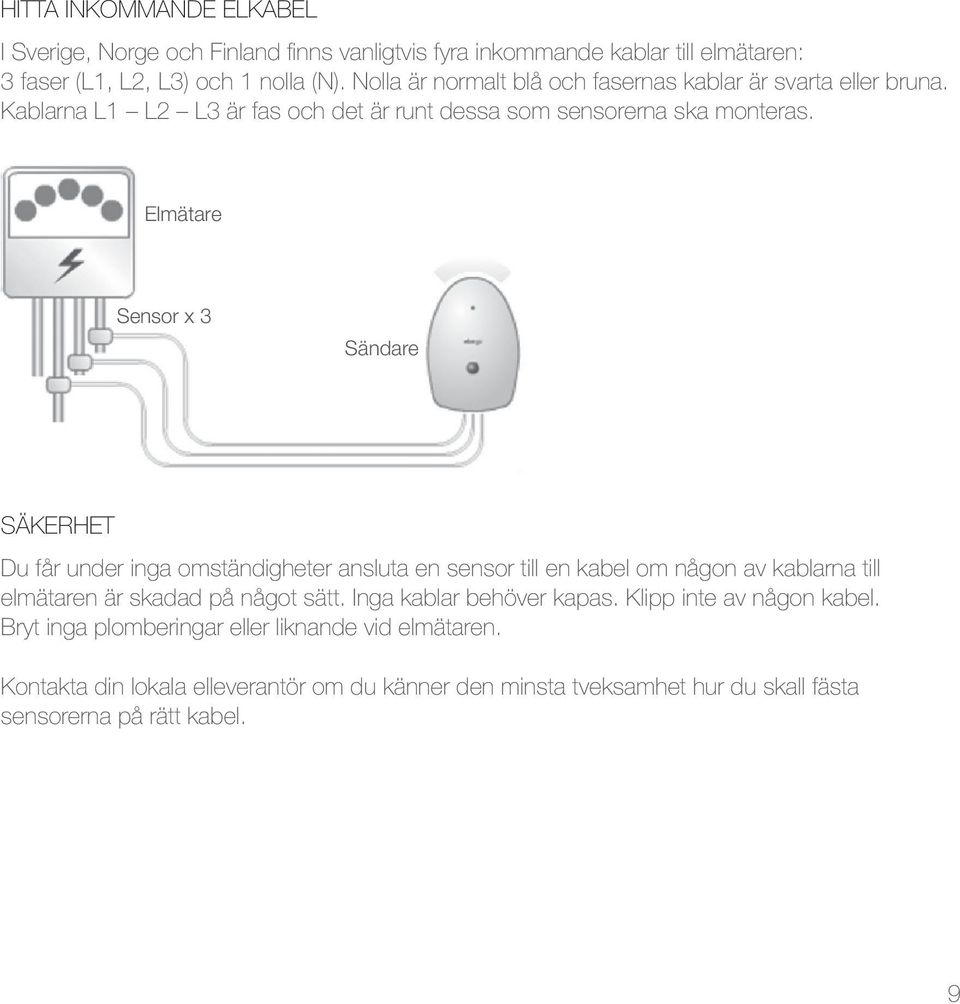 Elmätare Sensor x 3 Sändare Säkerhet Du får under inga omständigheter ansluta en sensor till en kabel om någon av kablarna till elmätaren är skadad på något sätt.