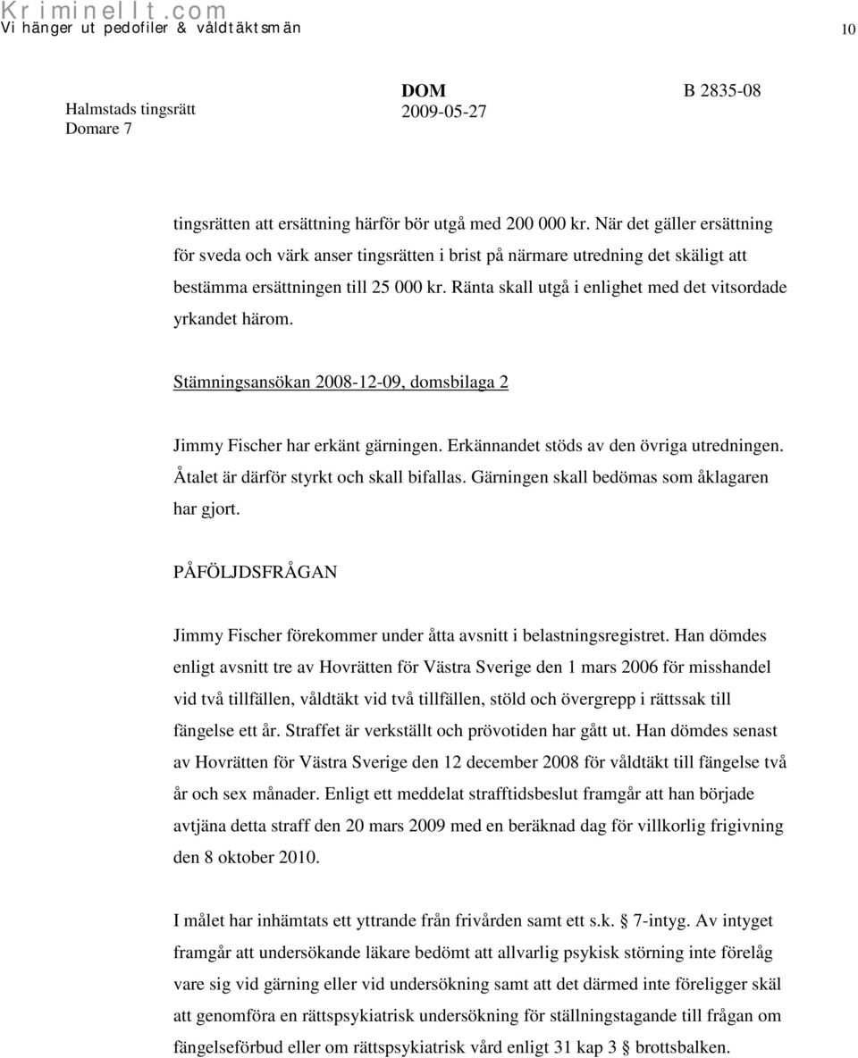 Ränta skall utgå i enlighet med det vitsordade yrkandet härom. Stämningsansökan 2008-12-09, domsbilaga 2 Jimmy Fischer har erkänt gärningen. Erkännandet stöds av den övriga utredningen.