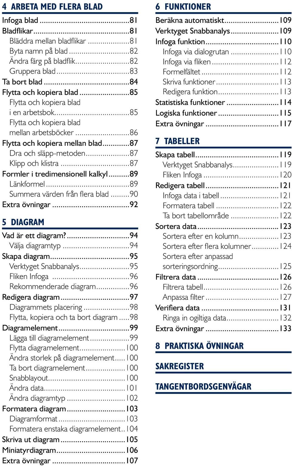 ..87 Formler i tredimensionell kalkyl...89 Länkformel...89 Summera värden från flera blad...90 Extra övningar...92 5 Diagram Vad är ett diagram?...94 Välja diagramtyp...94 Skapa diagram.