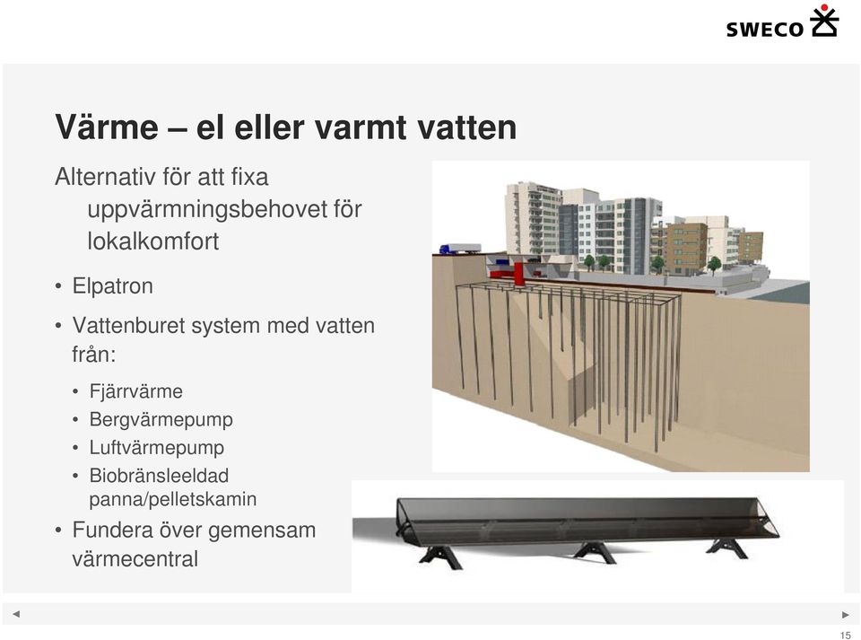 system med vatten från: Fjärrvärme Bergvärmepump