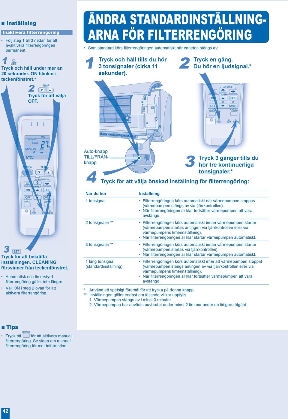 1 Tryck och håll tills du hör 3 tonsignaler (cirka 11 sekunder). Tryck en gång. 2 Du hör en ljudsignal.* Auto-knapp TILL/FRÅNknapp Tryck 3 gånger tills du 3 hör tre kontinuerliga tonsignaler.