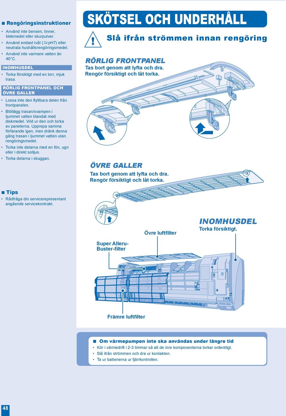 RÖRLIG FRONTPANEL OCH ÖVRE GALLER Lossa inte den fl yttbara delen från frontpanelen. Blötlägg trasan/svampen i ljummet vatten blandat med diskmedel. Vrid ur den och torka av panelerna.