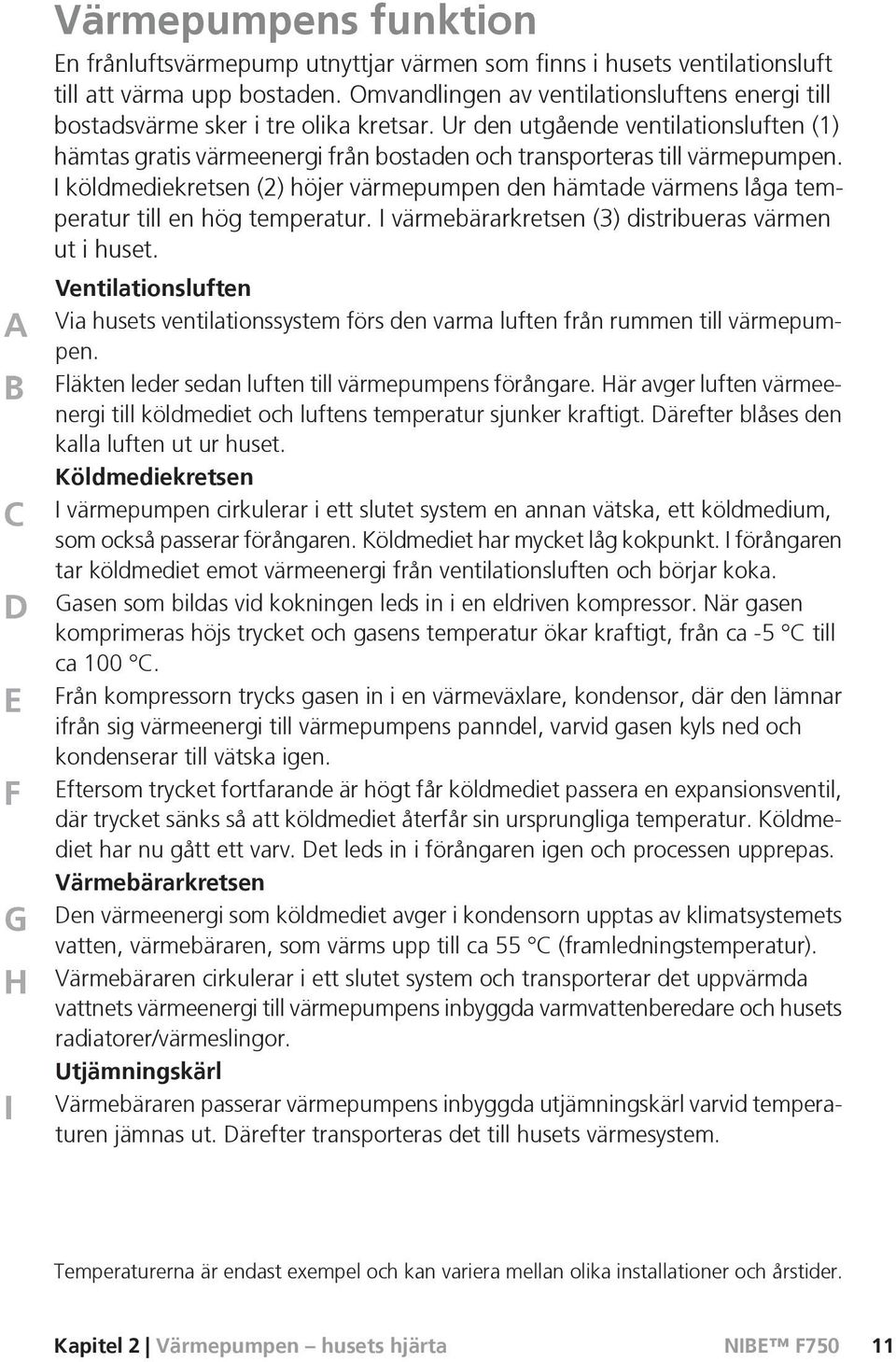 Ur den utgående ventilationsluften (1) hämtas gratis värmeenergi från bostaden och transporteras till värmepumpen.