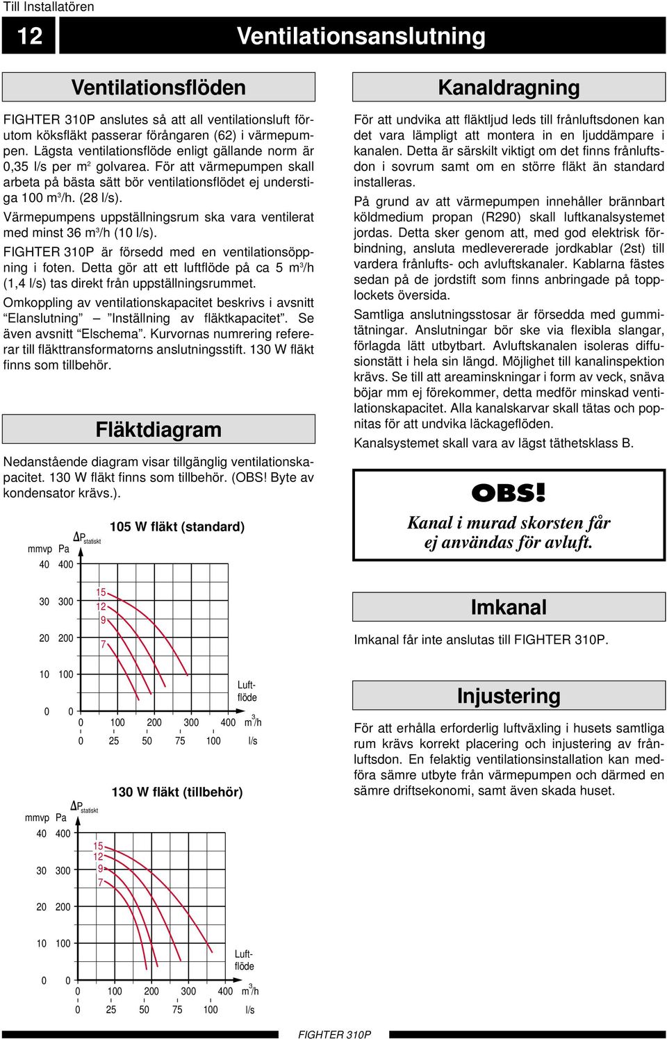 Värmepumpens uppställningsrum ska vara ventilerat med minst 36 m 3 /h (0 l/s). FIGHTE 30P är försedd med en ventilationsöppning i foten.