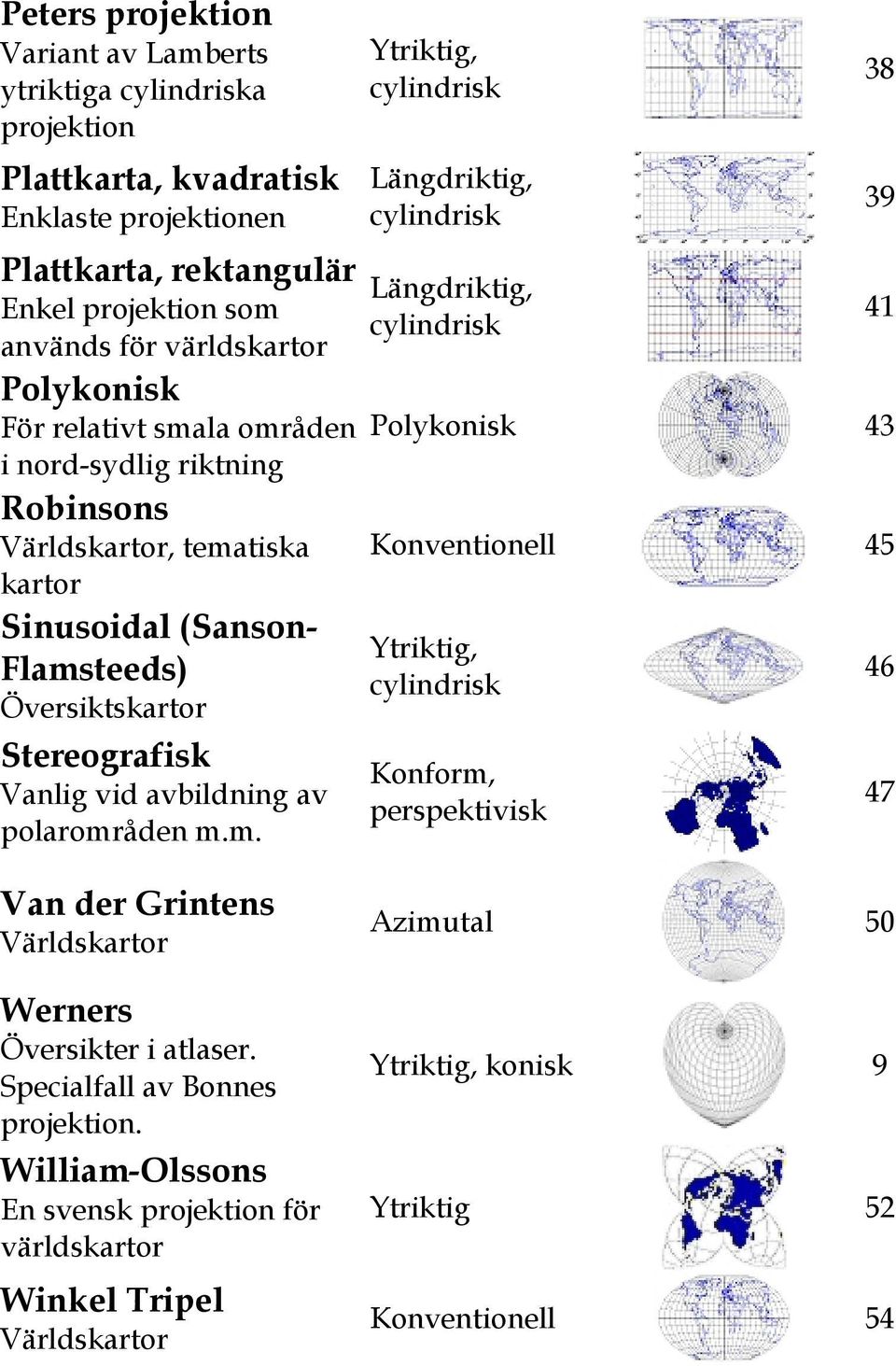 tematiska kartor Konventionell 45 Sinusoidal (Sanson- Ytriktig, Flamsteeds) cylindrisk Översiktskartor 46 Stereografisk Vanlig vid avbildning av polarområden m.m. Konform, perspektivisk 47 Van der Grintens Världskartor Werners Översikter i atlaser.