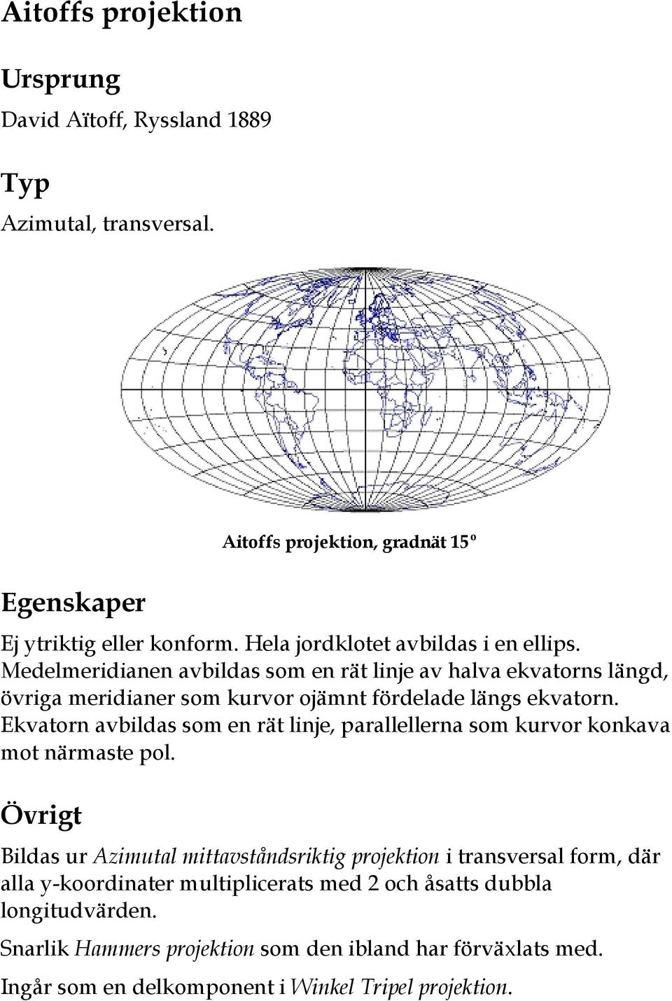 Ekvatorn avbildas som en rät linje, parallellerna som kurvor konkava mot närmaste pol.