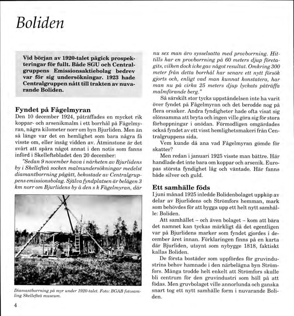 F yndet på F ågelm yran Den 10 december 1924, påträffades en mycket rik koppar- och arsenikm alm i ett borrhål på Fågelmyran, några kilom eter norr om byn Bjurliden.