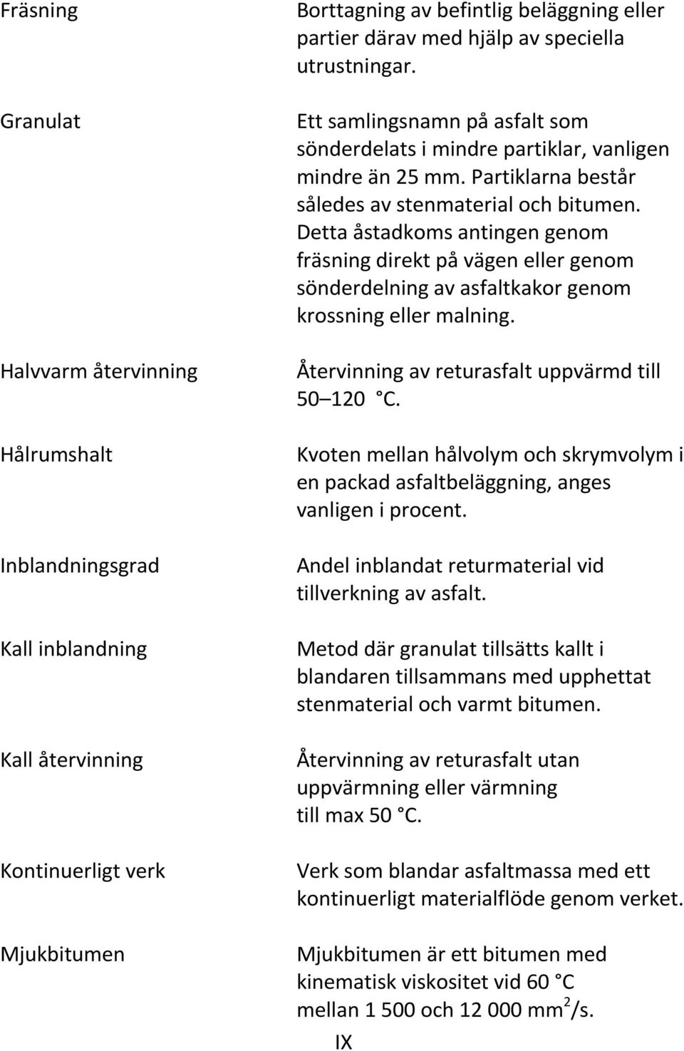 Detta åstadkoms antingen genom fräsning direkt på vägen eller genom sönderdelning av asfaltkakor genom krossning eller malning. Återvinning av returasfalt uppvärmd till 50 120 C.