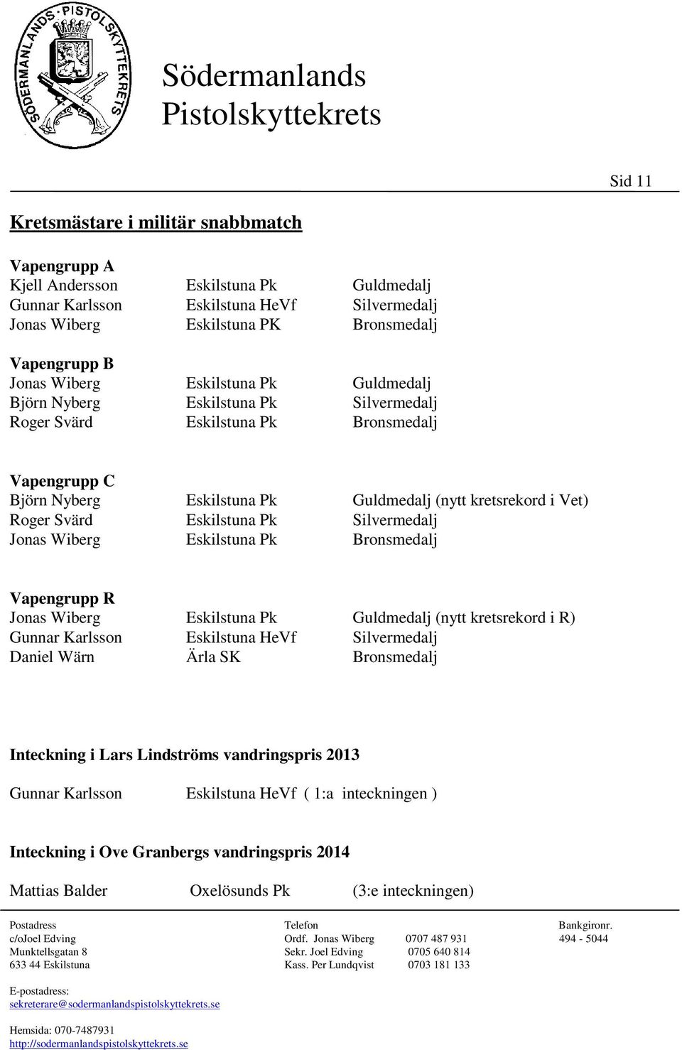 Eskilstuna Pk Silvermedalj Jonas Wiberg Eskilstuna Pk Bronsmedalj Vapengrupp R Jonas Wiberg Eskilstuna Pk Guldmedalj (nytt kretsrekord i R) Gunnar Karlsson Eskilstuna HeVf Silvermedalj Daniel Wärn