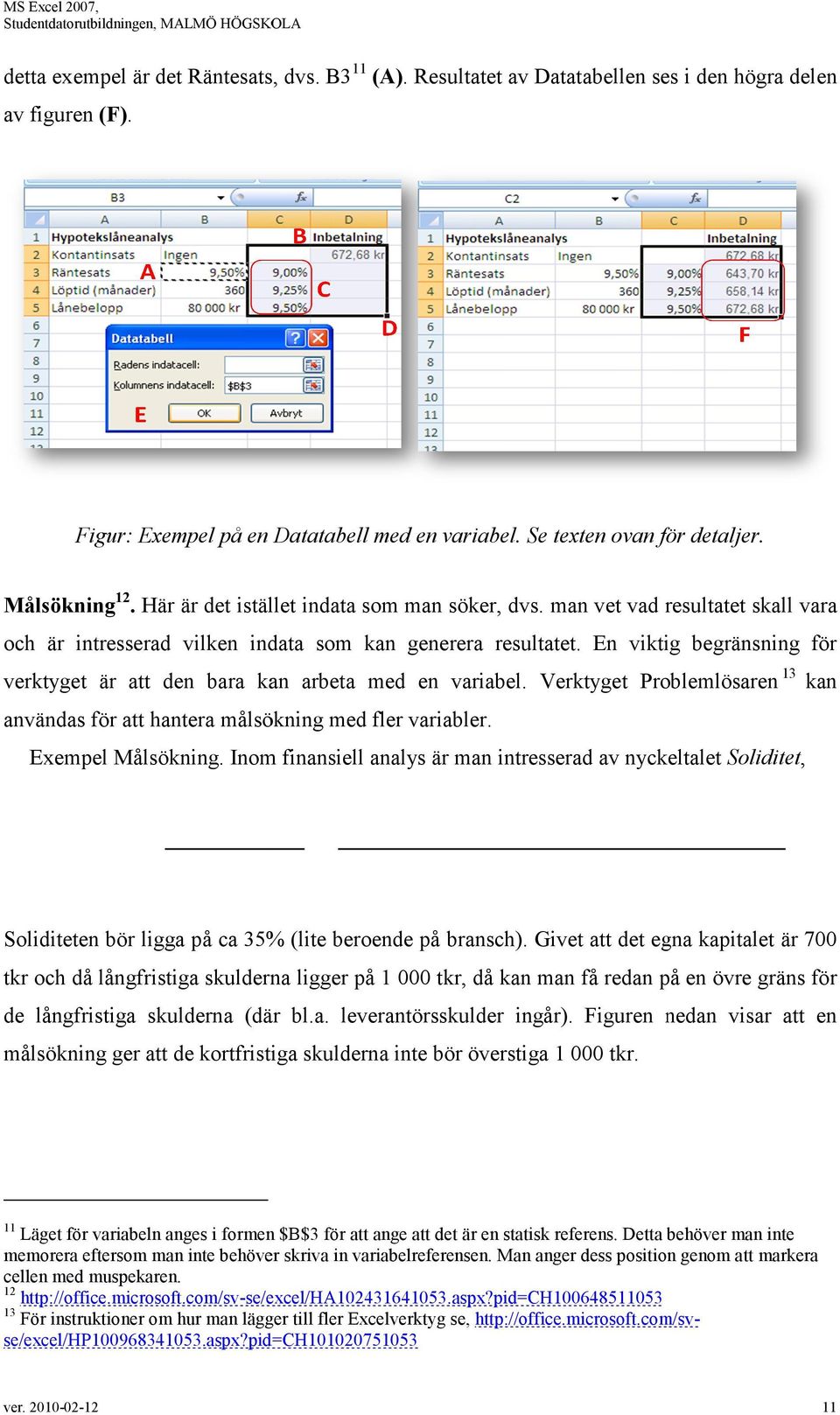 En viktig begränsning för verktyget är att den bara kan arbeta med en variabel. Verktyget Problemlösaren 13 kan användas för att hantera målsökning med fler variabler. Exempel Målsökning.