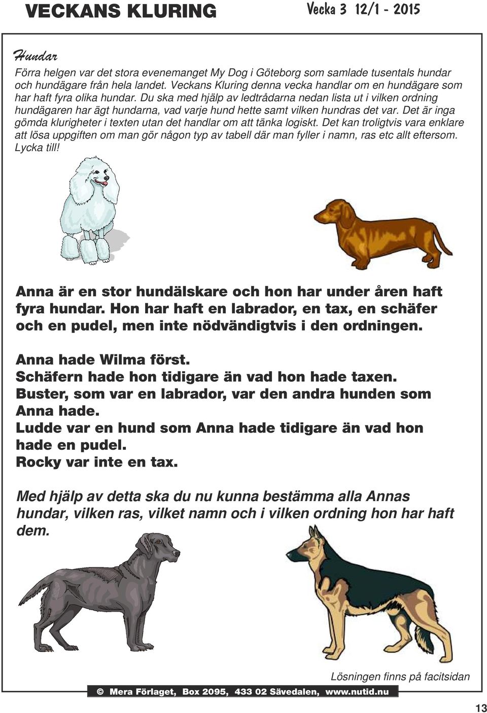 Du ska med hjälp av ledtrådarna nedan lista ut i vilken ordning hundägaren har ägt hundarna, vad varje hund hette samt vilken hundras det var.