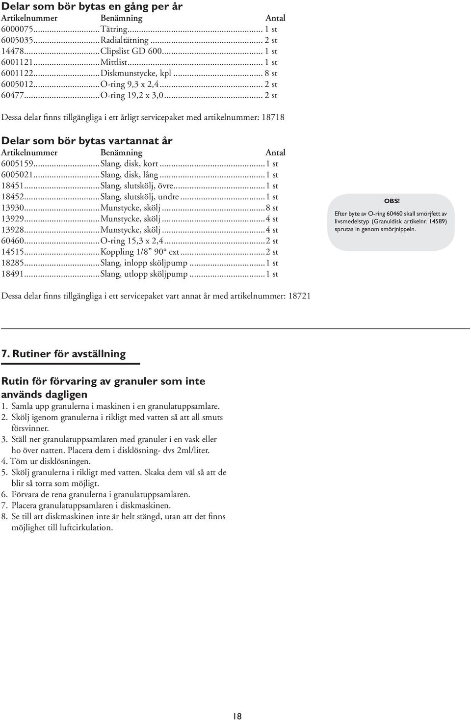 .. 2 st Dessa delar finns tillgängliga i ett årligt servicepaket med artikelnummer: 18718 Delar som bör bytas vartannat år Artikelnummer Benämning Antal 6005159...Slang, disk, kort...1 st 6005021.