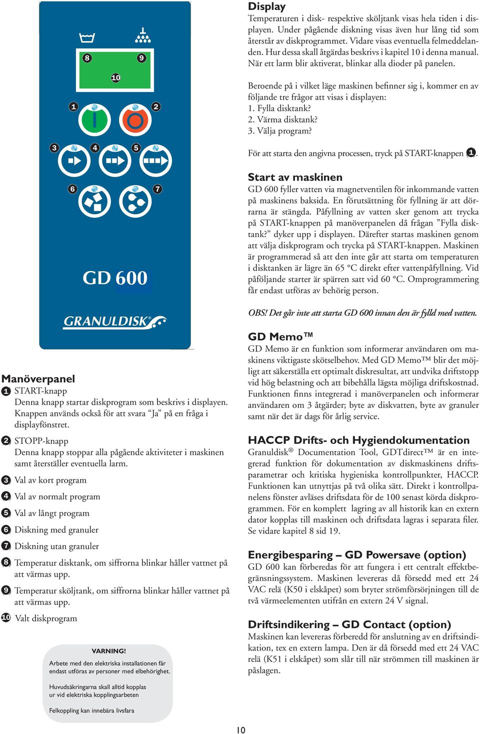 (3) 3 Val av kort program (4) 4 Val av normalt program (5) 5 Val av långt program (6) 6 Diskning med granuler (7) 7 Diskning utan granuler (8) 8 Temperatur disktank, om siffrorna blinkar håller