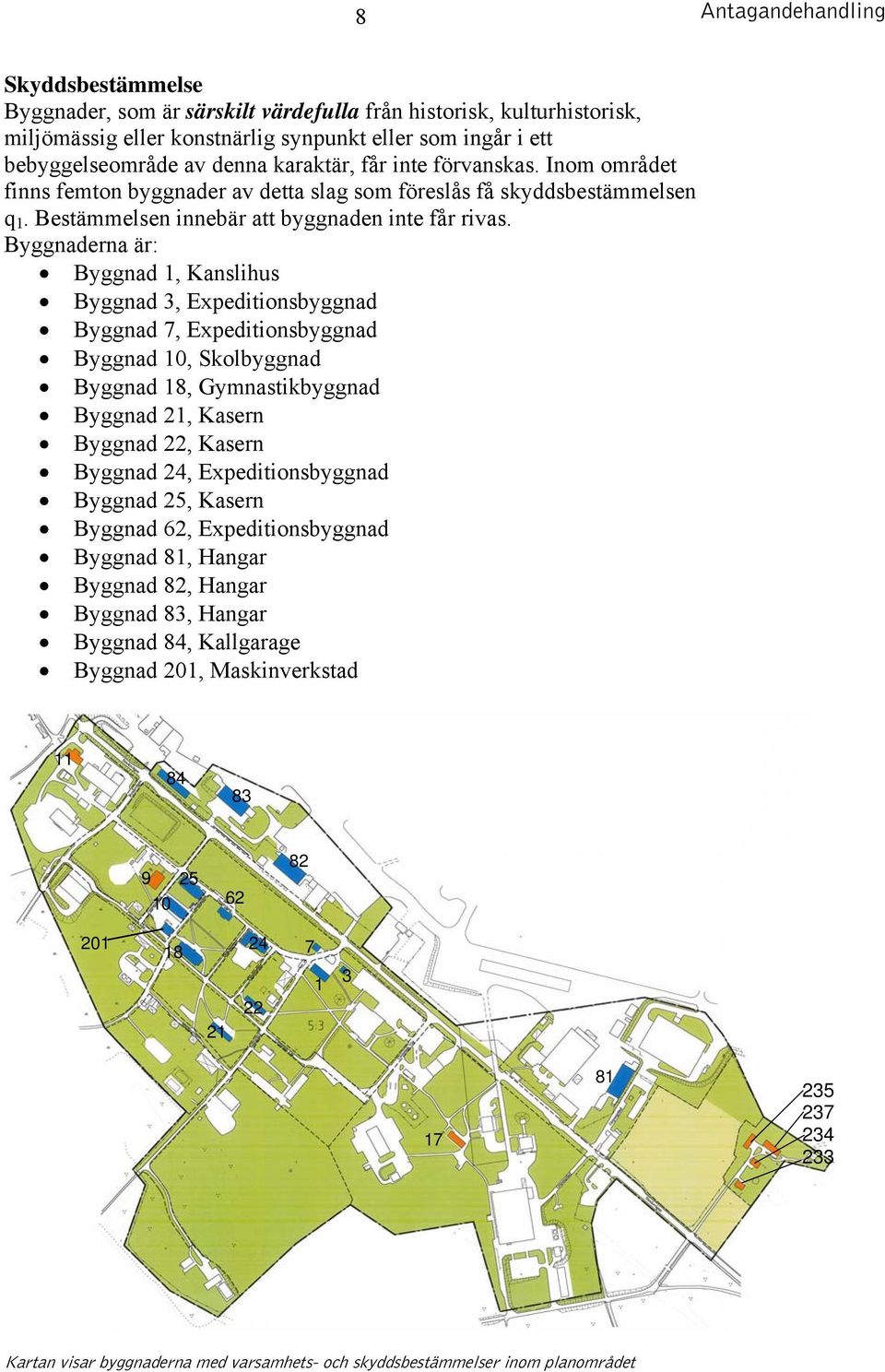 Byggnaderna är: Byggnad 1, Kanslihus Byggnad 3, Expeditionsbyggnad Byggnad 7, Expeditionsbyggnad Byggnad 10, Skolbyggnad Byggnad 18, Gymnastikbyggnad Byggnad 21, Kasern Byggnad 22, Kasern Byggnad 24,