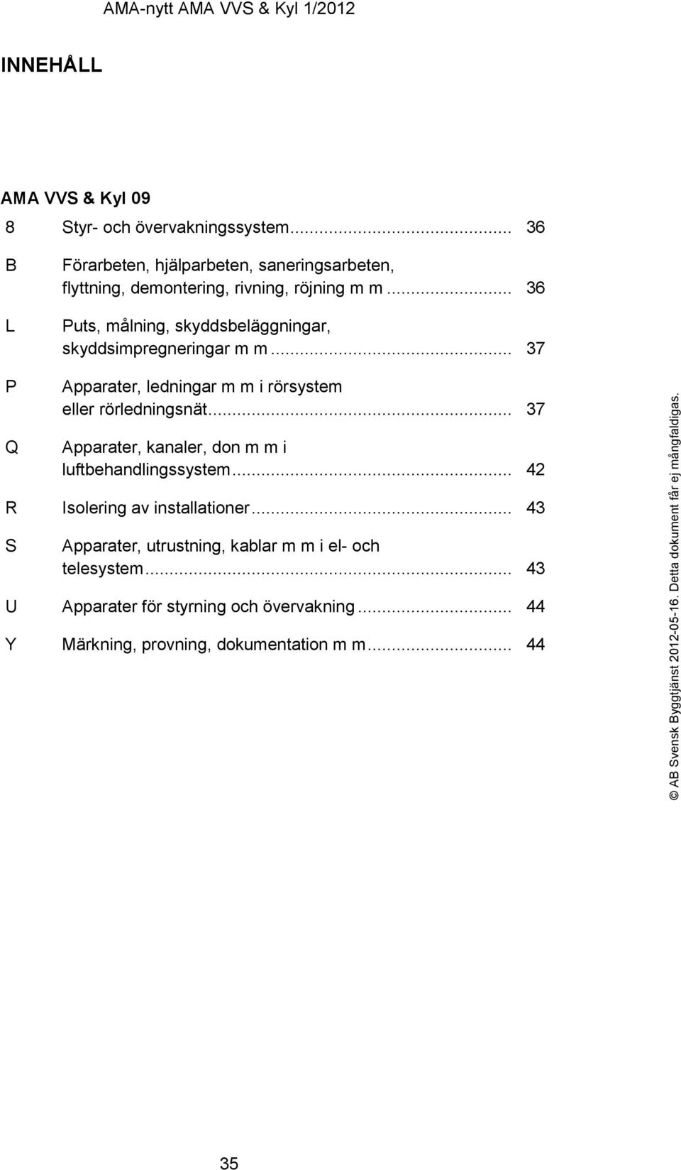 .. 36 Puts, målning, skyddsbeläggningar, skyddsimpregneringar m m... 37 P Q Apparater, ledningar m m i rörsystem eller rörledningsnät.