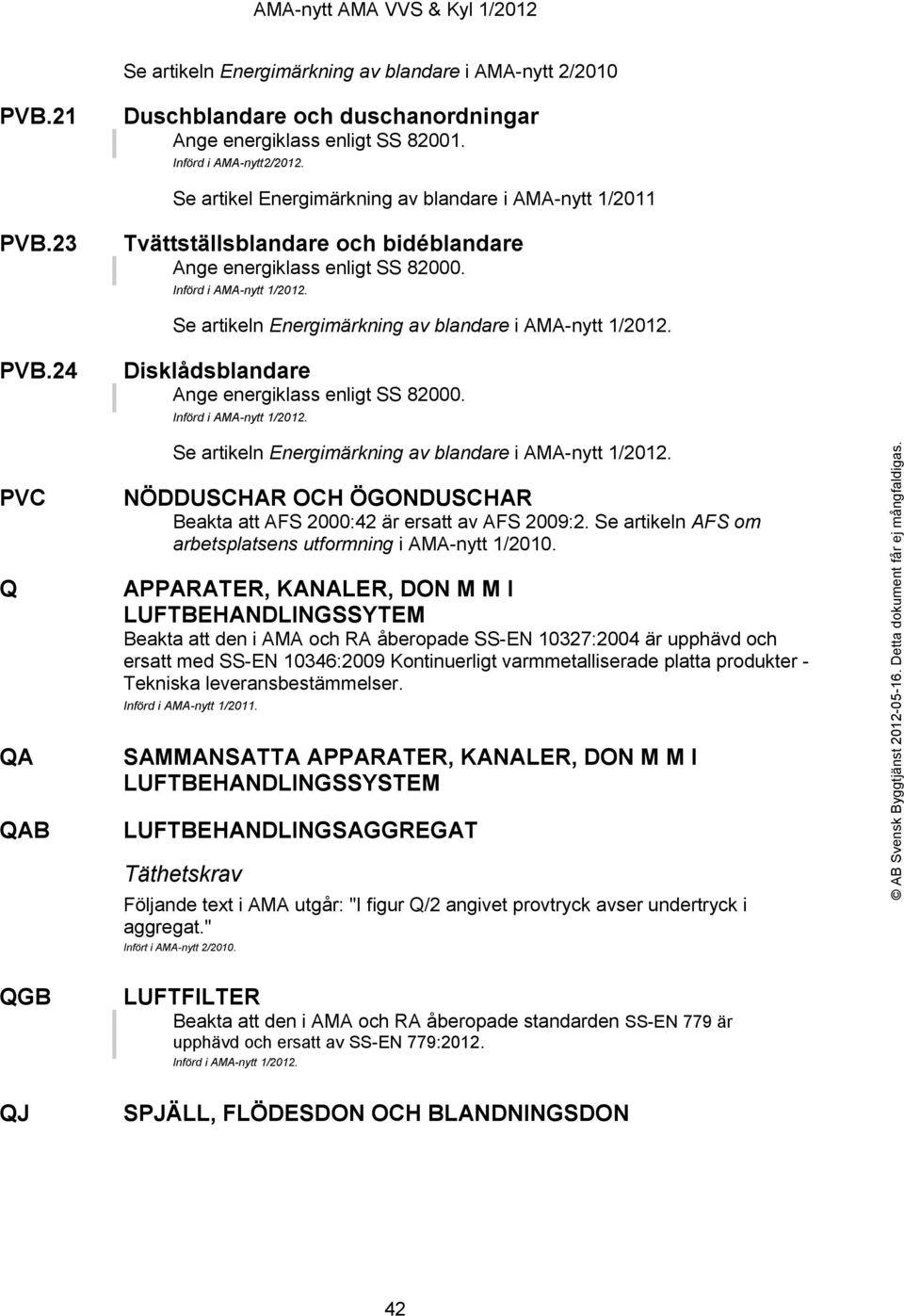 Se artikeln Energimärkning av blandare i AMA-nytt 1/2012. NÖDDUSCHAR OCH ÖGONDUSCHAR Beakta att AFS 2000:42 är ersatt av AFS 2009:2. Se artikeln AFS om arbetsplatsens utformning i AMA-nytt 1/2010.