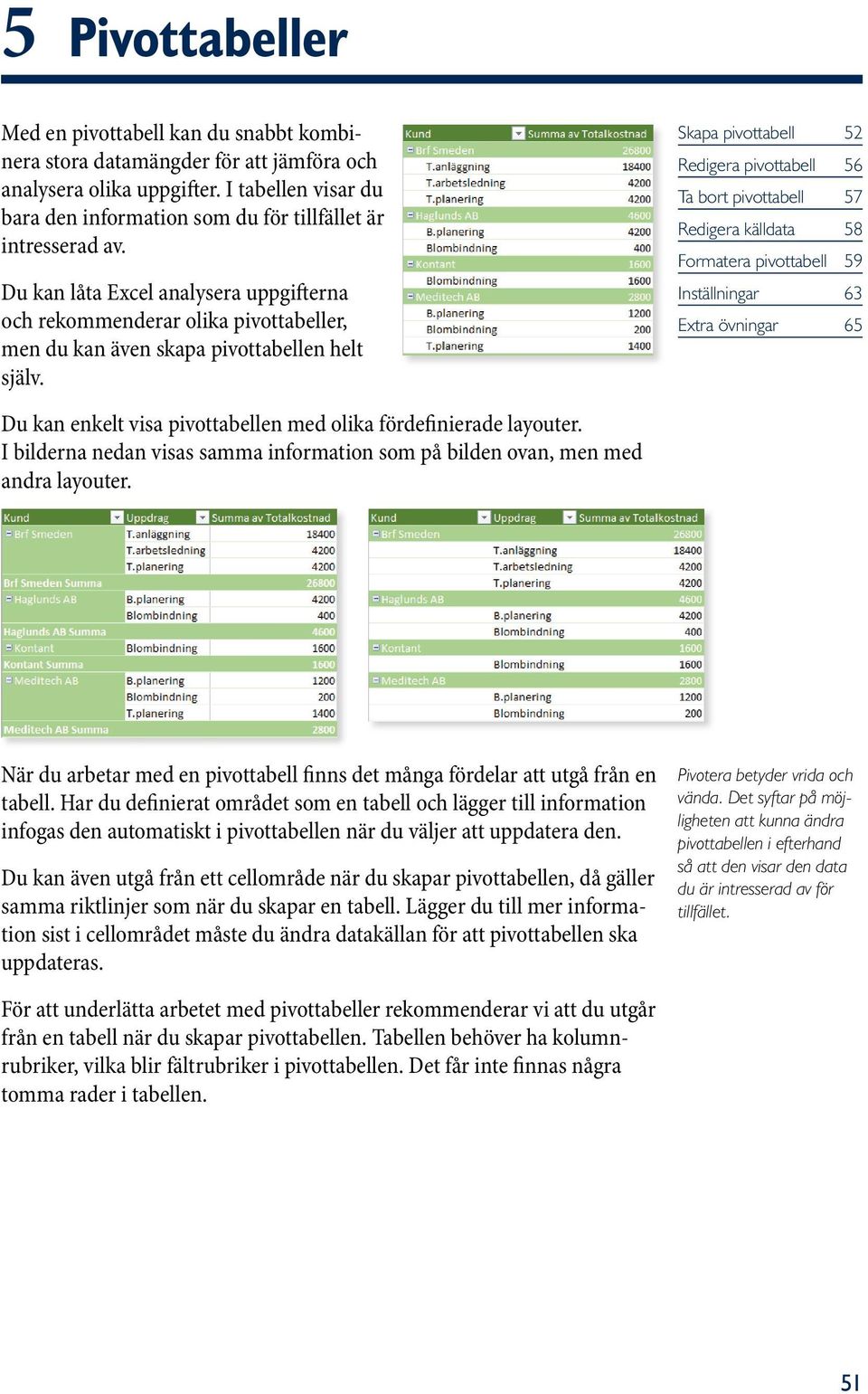 Du kan låta Excel analysera uppgifterna och rekommenderar olika pivottabeller, men du kan även skapa pivottabellen helt själv.