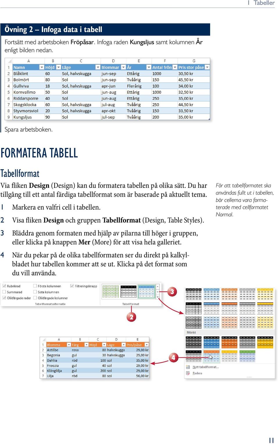 1 Markera en valfri cell i tabellen. 2 Visa fliken Design och gruppen Tabellformat (Design, Table Styles).