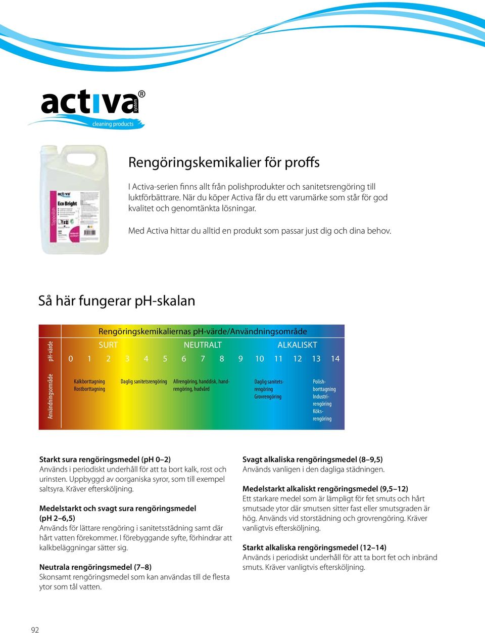 Så här fungerar ph-skalan ph-värde Rengöringskemikaliernas ph-värde/användningsområde SURT NEUTRALT ALKALISKT 0 1 2 3 4 5 6 7 8 9 10 11 12 13 14 Användningsområde Kalkborttagning Rostborttagning