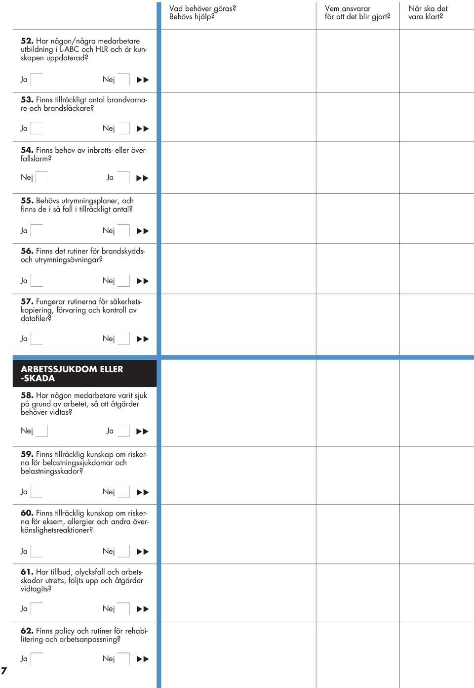 Fungerar rutinerna för säkerhetskopiering, förvaring och kontroll av datafiler? ARBETSSJUKDOM ELLER -SKADA 58. Har någon medarbetare varit sjuk på grund av arbetet, så att åtgärder behöver vidtas? 59.