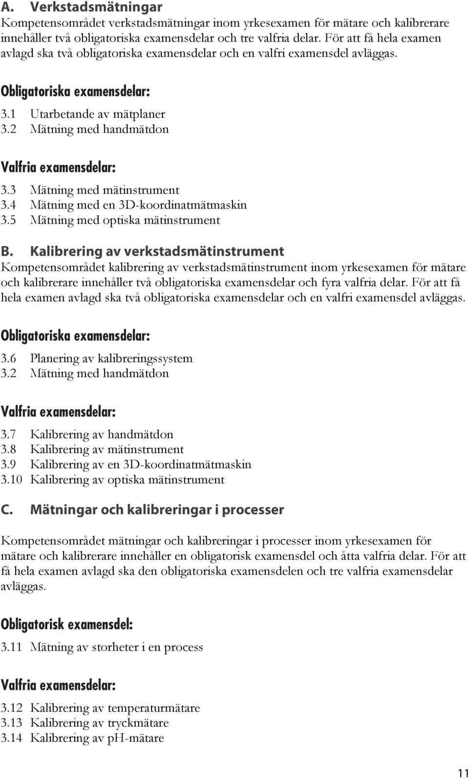 2 Mätning med handmätdon Valfria examensdelar: 3.3 Mätning med mätinstrument 3.4 Mätning med en 3D-koordinatmätmaskin 3.5 Mätning med optiska mätinstrument B.