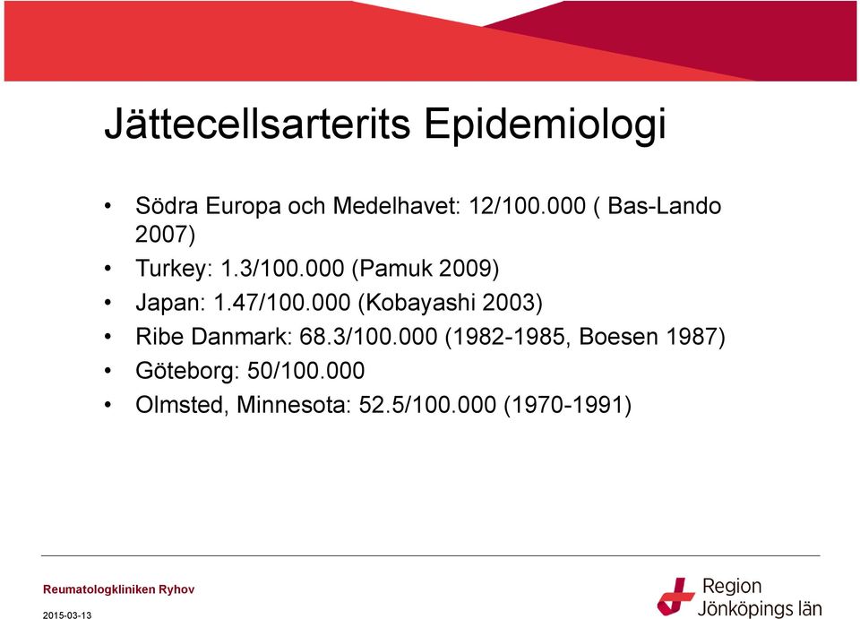 47/100.000 (Kobayashi 2003) Ribe Danmark: 68.3/100.