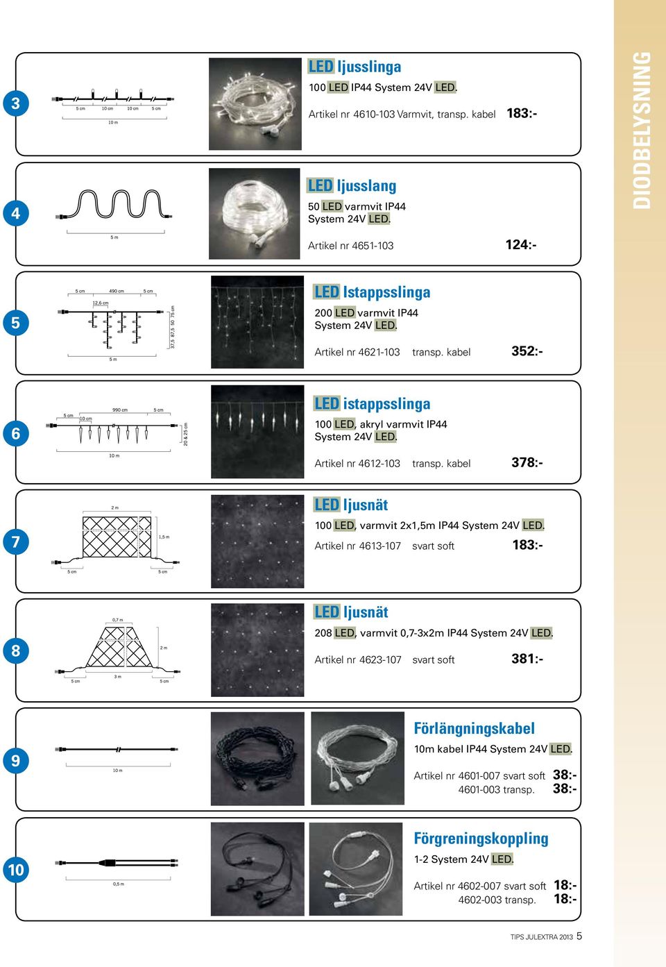 Artikel nr 4612-103 transp. kabel 378:- 7 LED ljusnät 100 LED, varmvit 2x1,5m IP44 System 24V LED. Artikel nr 4613-107 svart soft 183:- 8 LED ljusnät 208 LED, varmvit 0,7-3x2m IP44 System 24V LED.