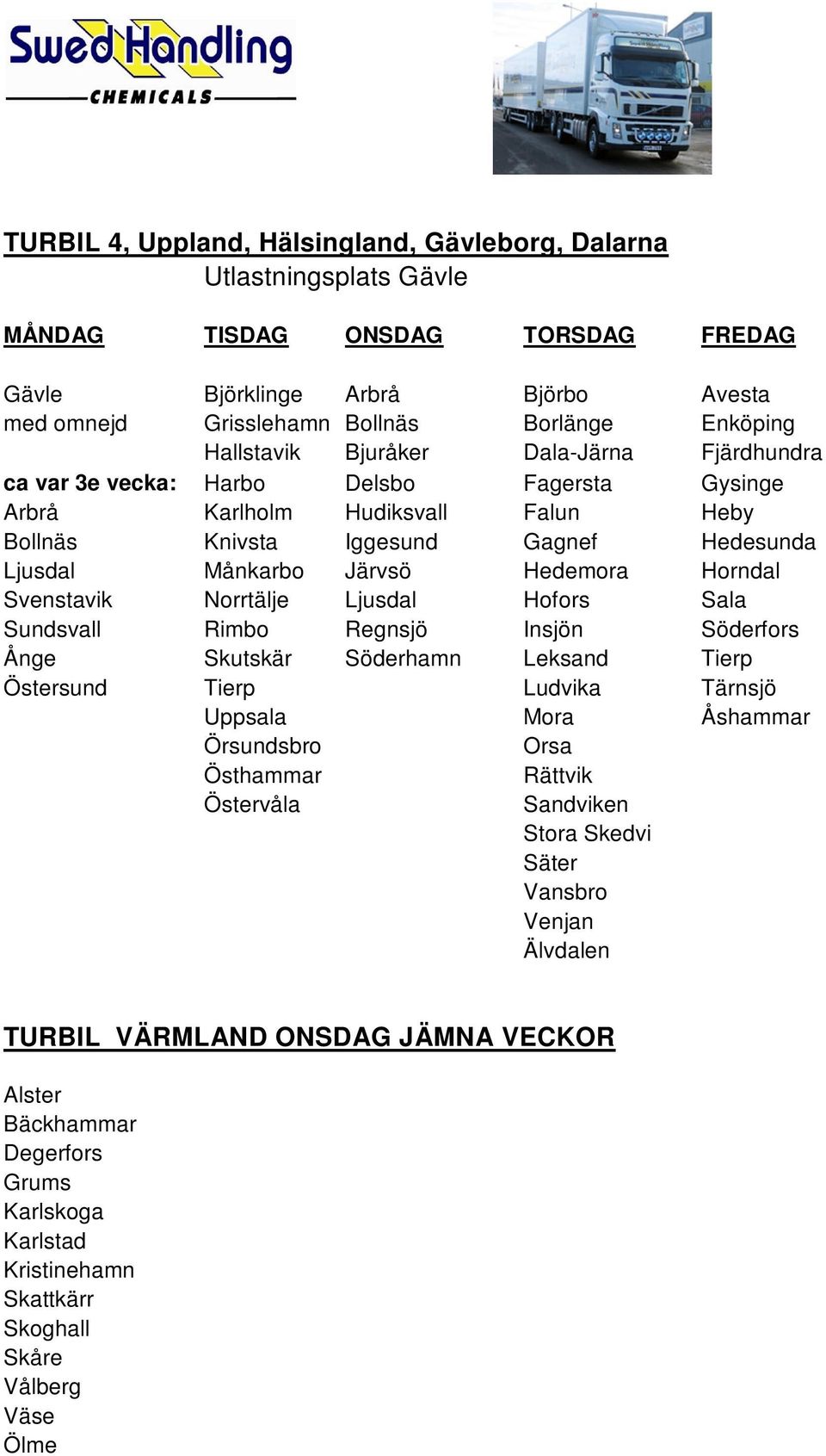 Hedemora Horndal Svenstavik Norrtälje Ljusdal Hofors Sala Sundsvall Rimbo Regnsjö Insjön Söderfors Ånge Skutskär Söderhamn Leksand Tierp Östersund Tierp Ludvika Tärnsjö Uppsala Mora Åshammar