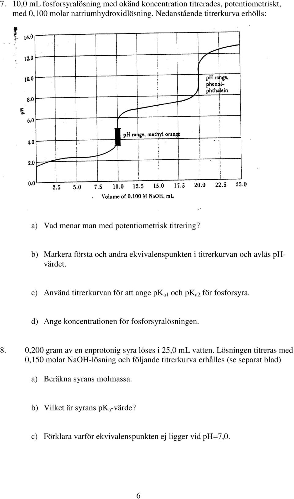 c) Använd titrerkurvan för att ange pk a1 och pk a2 för fosforsyra. d) Ange koncentrationen för fosforsyralösningen. 8.