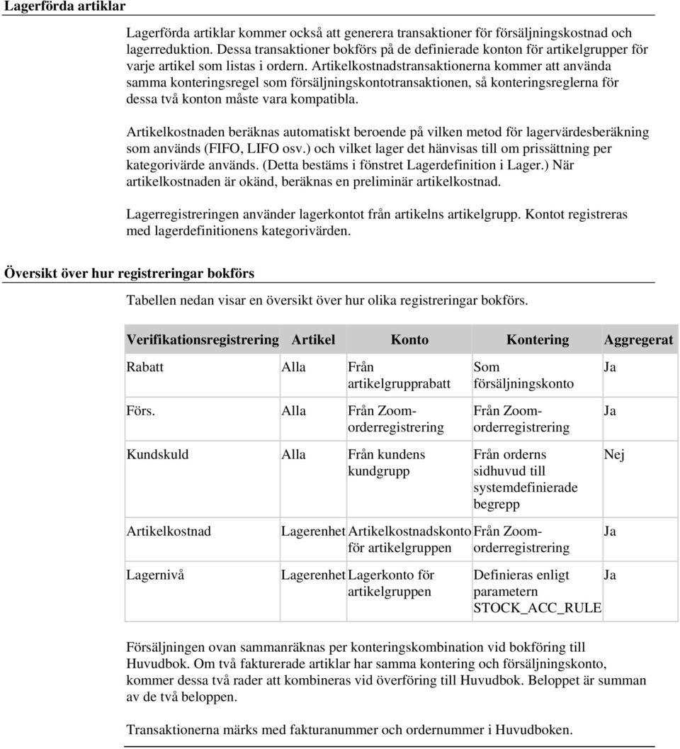 Artikelkostnadstransaktionerna kommer att använda samma konteringsregel som försäljningskontotransaktionen, så konteringsreglerna för dessa två konton måste vara kompatibla.