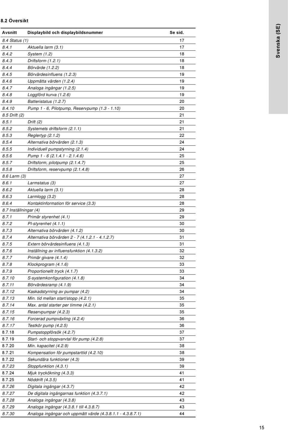5 Drift (2) 21 8.5.1 Drift (2) 21 8.5.2 Systemets driftsform (2.1.1) 21 8.5.3 Reglertyp (2.1.2) 22 8.5.4 Alternativa börvärden (2.1.3) 24 8.5.5 Individuell pumpstyrning (2.1.4) 24 8.5.6 Pump 1-6 (2.1.4.1-2.