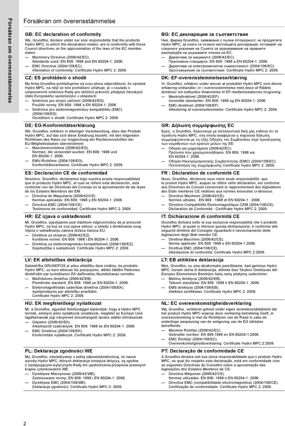 EMC Directive (2004/108/EC). Attestation of conformity: Certificate Hydro MPC 2: 2009.