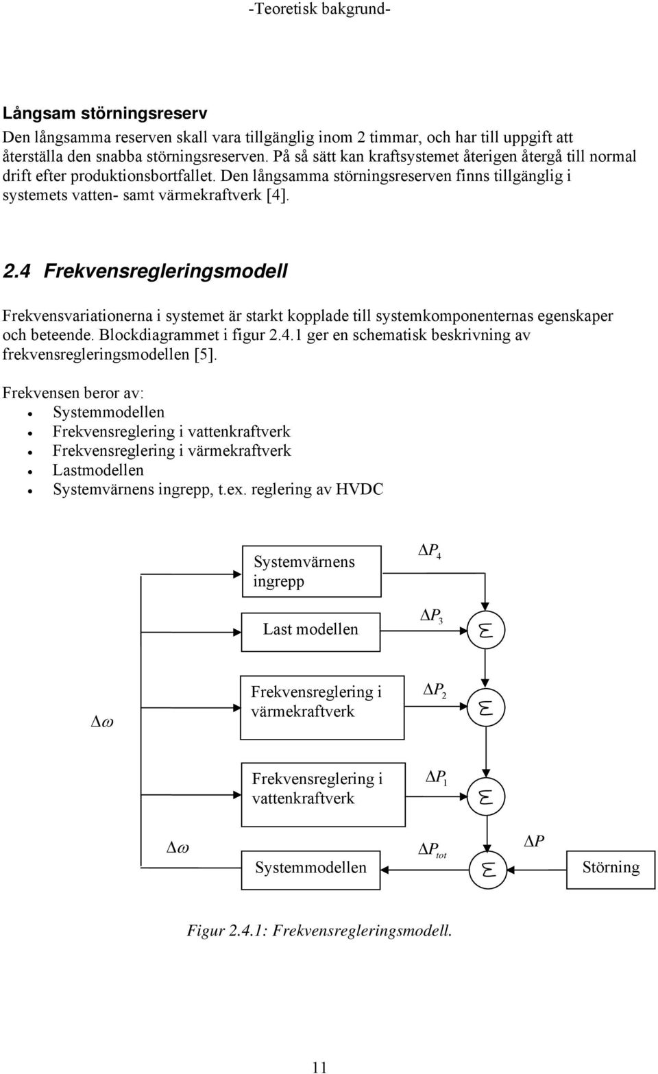 4 Frekvensregleringsmodell Frekvensvariationerna i systemet är starkt kopplade till systemkomponenternas egenskaper och beteende. Blockdiagrammet i figur 2.4.1 ger en schematisk beskrivning av frekvensregleringsmodellen [5].