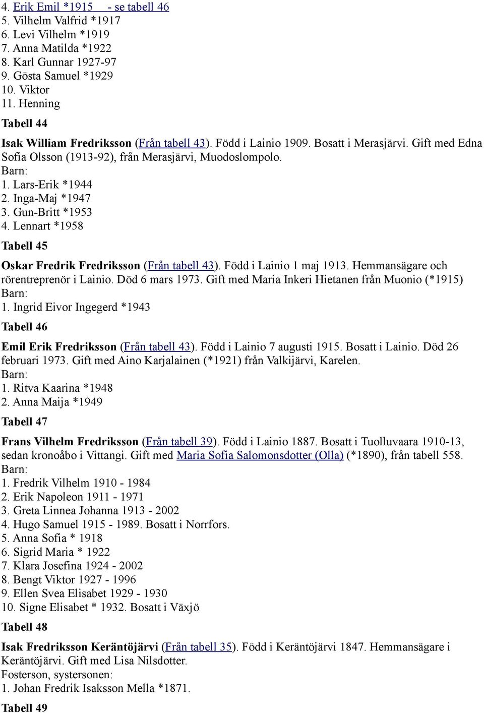 Inga-Maj *1947 3. Gun-Britt *1953 4. Lennart *1958 Tabell 45 Oskar Fredrik Fredriksson (Från tabell 43). Född i Lainio 1 maj 1913. Hemmansägare och rörentreprenör i Lainio. Död 6 mars 1973.